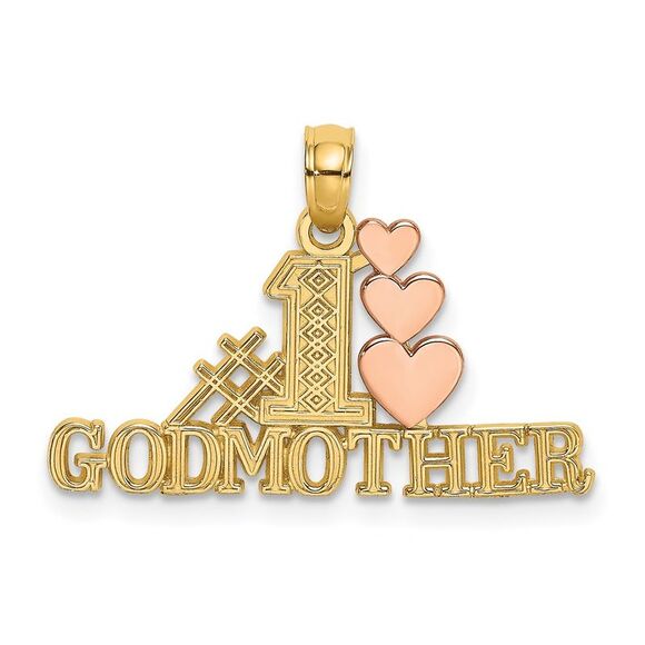 14k Yellow Gold Two-tone Polished #1 GODMOTHER & Hearts Pendant